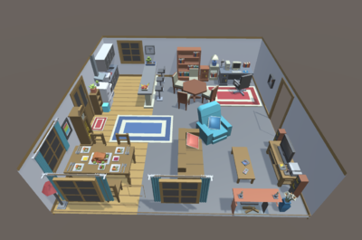 多边形 lowpoly 卡通 简模 q版 室内 客厅 厨房 餐厅 沙发 电脑桌