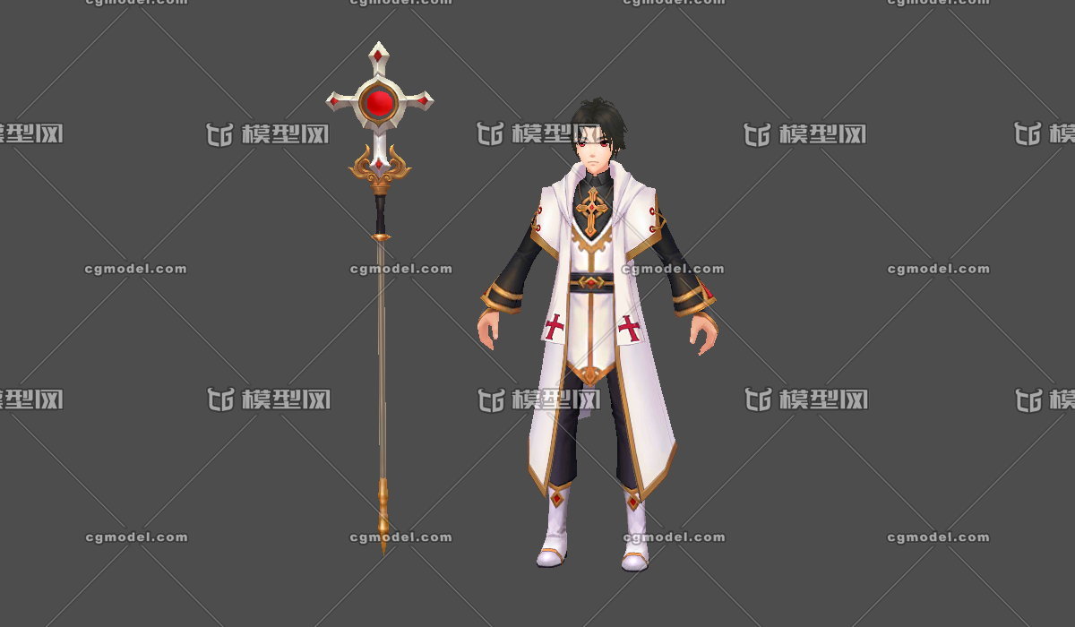 牧师,男法师,穿长袍的男人,白色战袍,传教士,十字架法杖,十字军团,圣