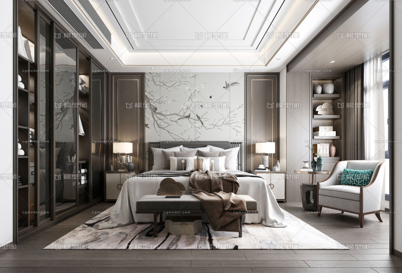 新中式卧室3D模型模型-卧室模型库-3ds Max(.max)模型下载-cg模型网