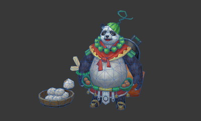 卡通熊猫人,熊猫大厨,食物,铁锅,鸡腿,包子,西瓜皮帽子