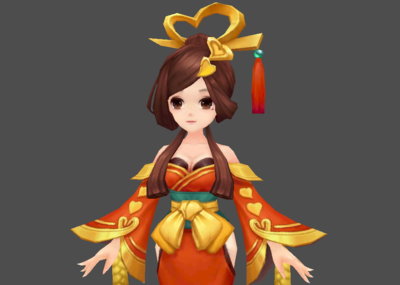 卡通q版可爱古代女人,古代红娘,古典美女,小萝莉,红色一字肩抹胸长裙