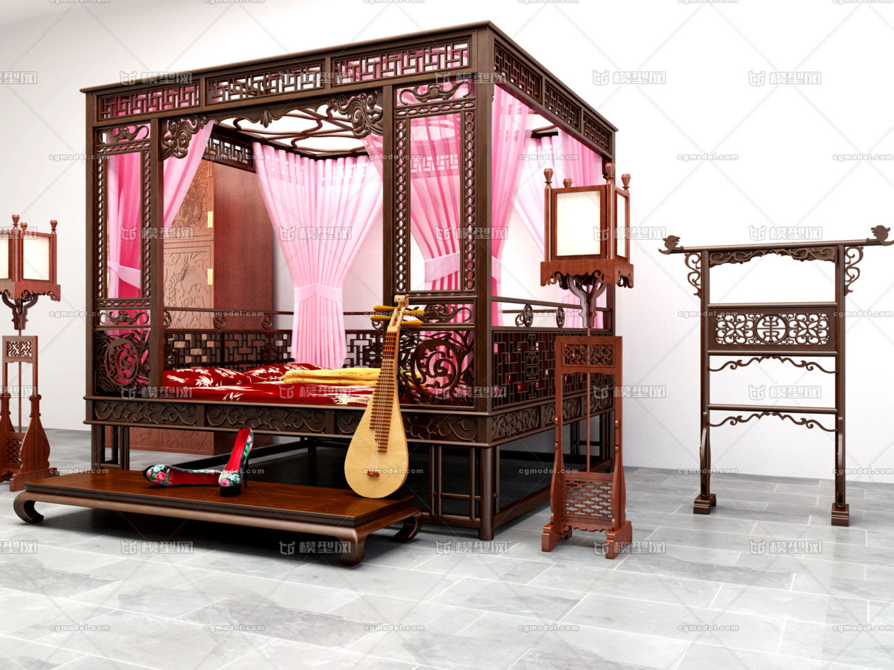 古代家具复原,古代床榻,衣架,雕花衣柜,_em2018作品_家具床_cg模型网