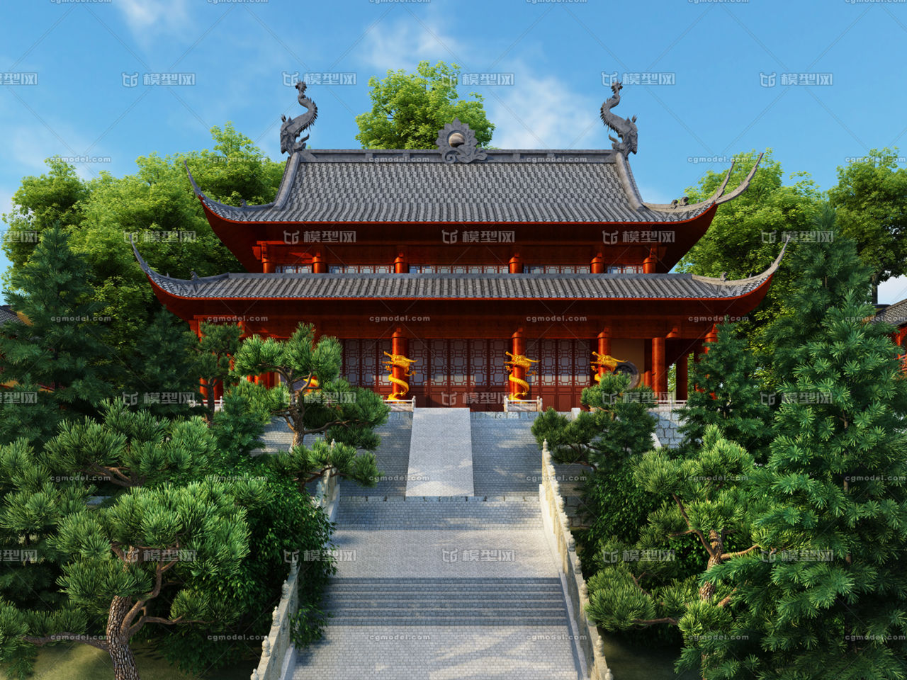 东方古建筑寺庙龙柱