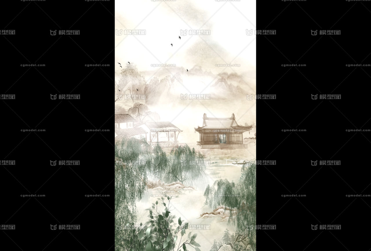 山水畫場景 漁船 飛鳥 飄動的柳樹 雲霧 古建築 屏風 寺廟 國畫