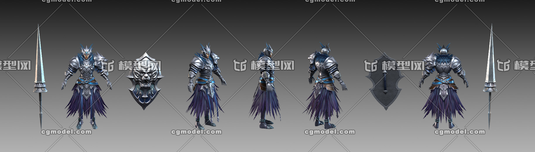 白銀騎士 盔甲男 獅頭盾 長槍 聖騎士_笨笨笨作品_人物男人_cg模型網