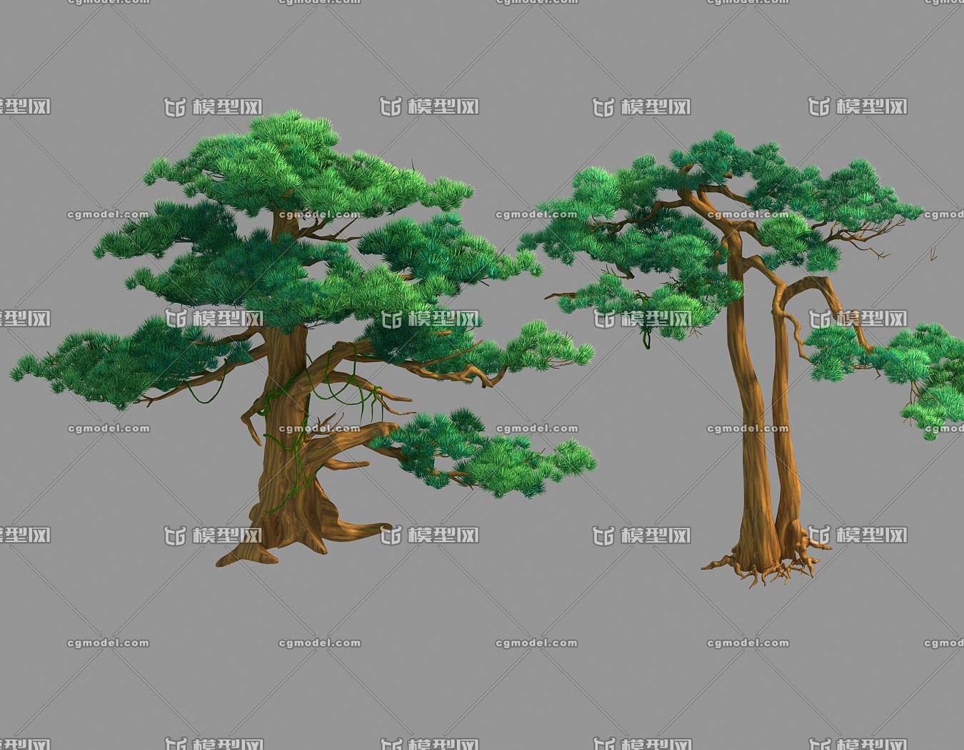 两颗Q版松树 绿树大树模型-场景部件模型库-3ds Max(.max)模型下载-cg模型网