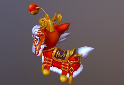 卡通q版 舞狮 坐骑 喜庆狮子   中国红 低模 可爱舞狮