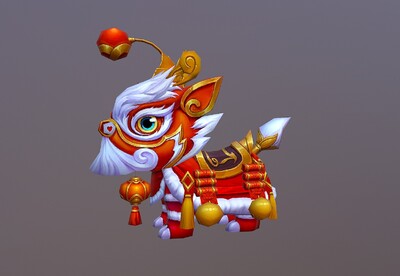 卡通q版 舞狮 坐骑 喜庆狮子   中国红 低模 可爱舞狮