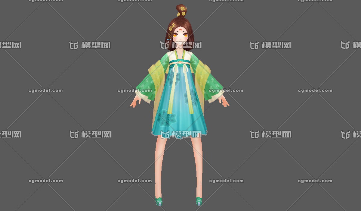 手绘卡通古代少女,唐朝小姑娘,可爱小女孩,蓝色唐装短裙,汉服,和服