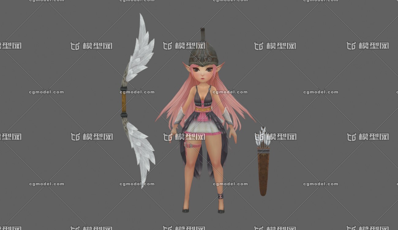 卡通q版女射手,女战士,女弓箭手,鸟族精灵,羽毛弓箭,罗马头盔,有法线