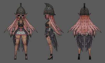 卡通q版女射手,女战士,女弓箭手,鸟族精灵,羽毛弓箭,罗马头盔,有法线