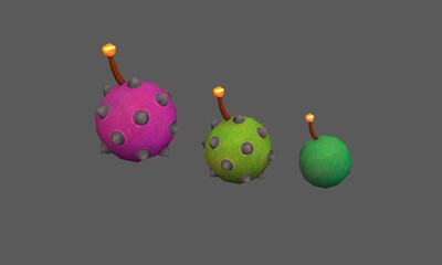 三颗彩色炮弹,卡通q版炸弹,地雷,火药弹球,火炮弹药,可爆炸的流星锤