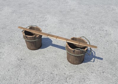 古代木桶竹扁担提桶