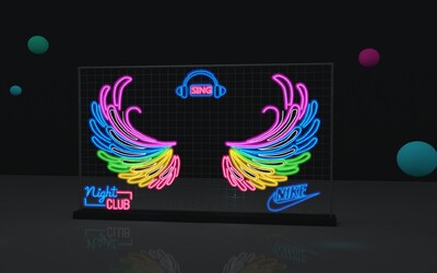 天使翅膀霓虹灯效果  女人 短裙  铁艺网格   耐克标志霓虹灯  网红