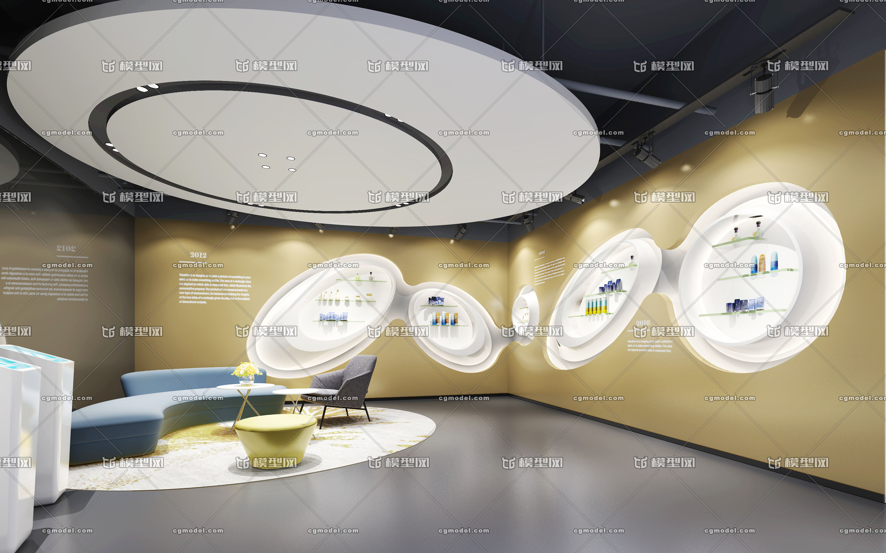 美容院 展示厅 展示墙_100860001作品_工装办公空间_cg模型网