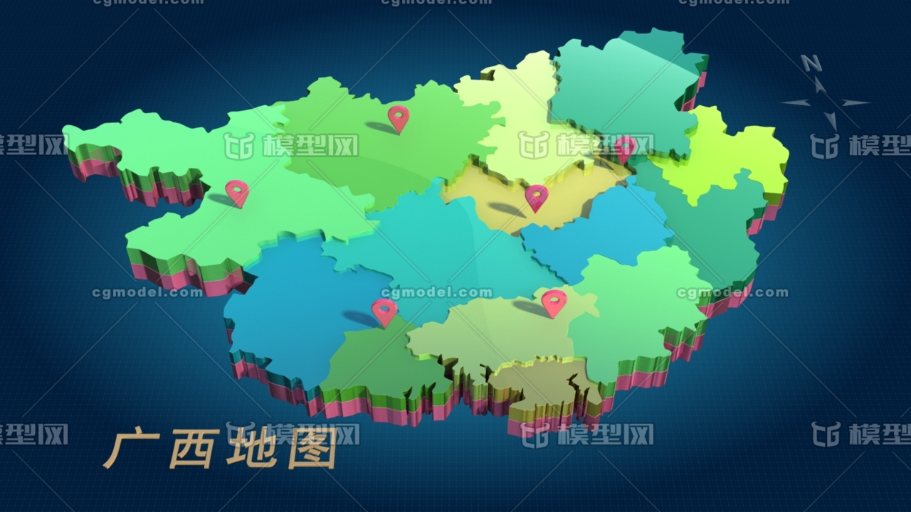 中國三維地圖分塊模型——廣西省地圖模型 3d地圖 都是未塌陷的模型