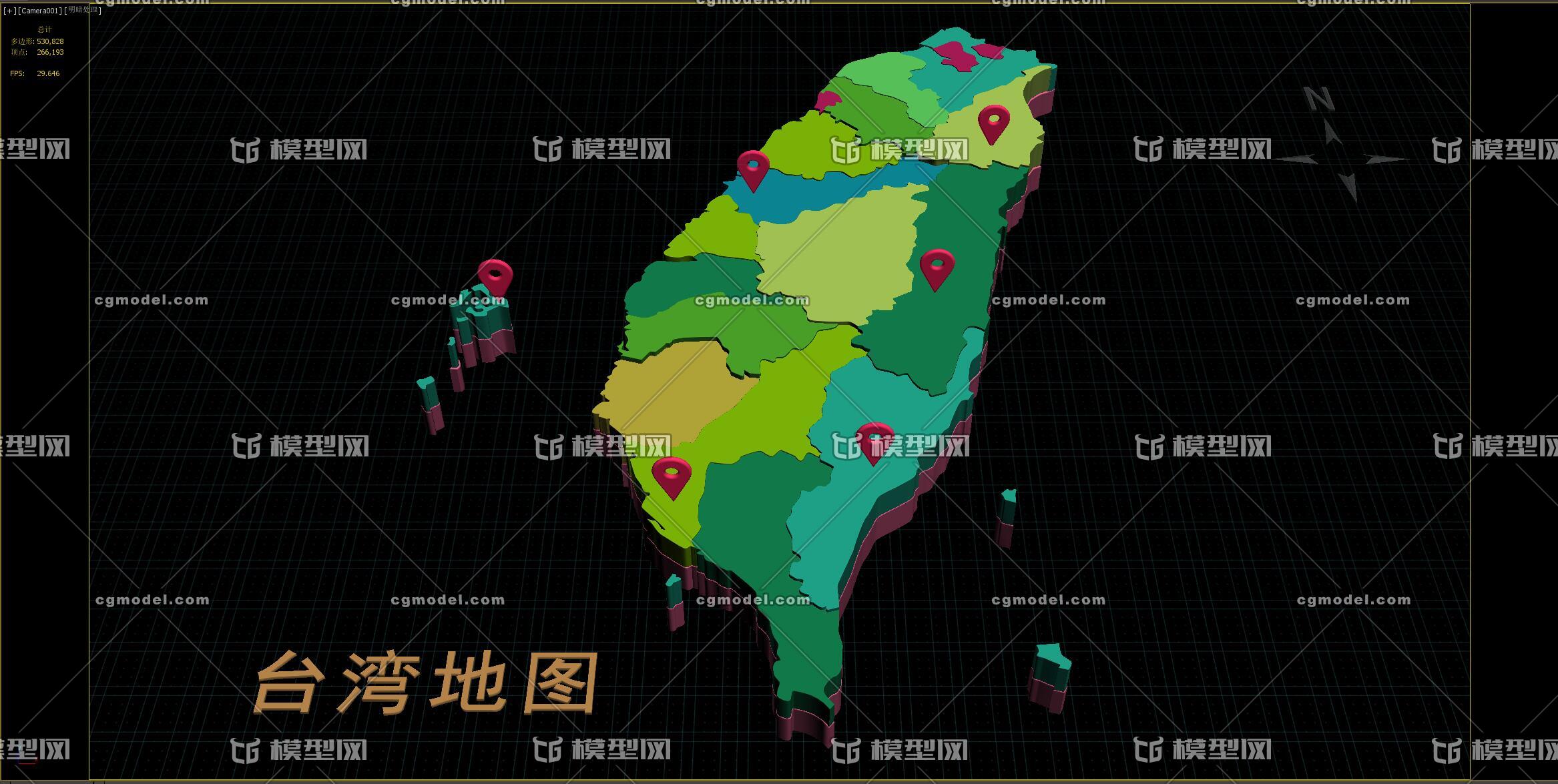 中国三维地图分块模型——台湾省地图模型 3d地图 都是未塌陷的模型