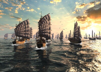 写实古代海船航行场景,航海,海面,大海,古代船,帆船,古船,海船航行