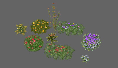 一组花卉 手绘 卡通花丛 花园植物 小红花 紫色铃兰花 小型灌木