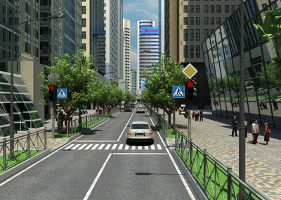 写实街道动画场景,街道,马路,城市,车,树,人,建筑,配楼,建筑动画,黄