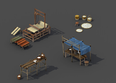 古代染布摊位,古代纺织机,古代布匹摊位,古代棉花摊位