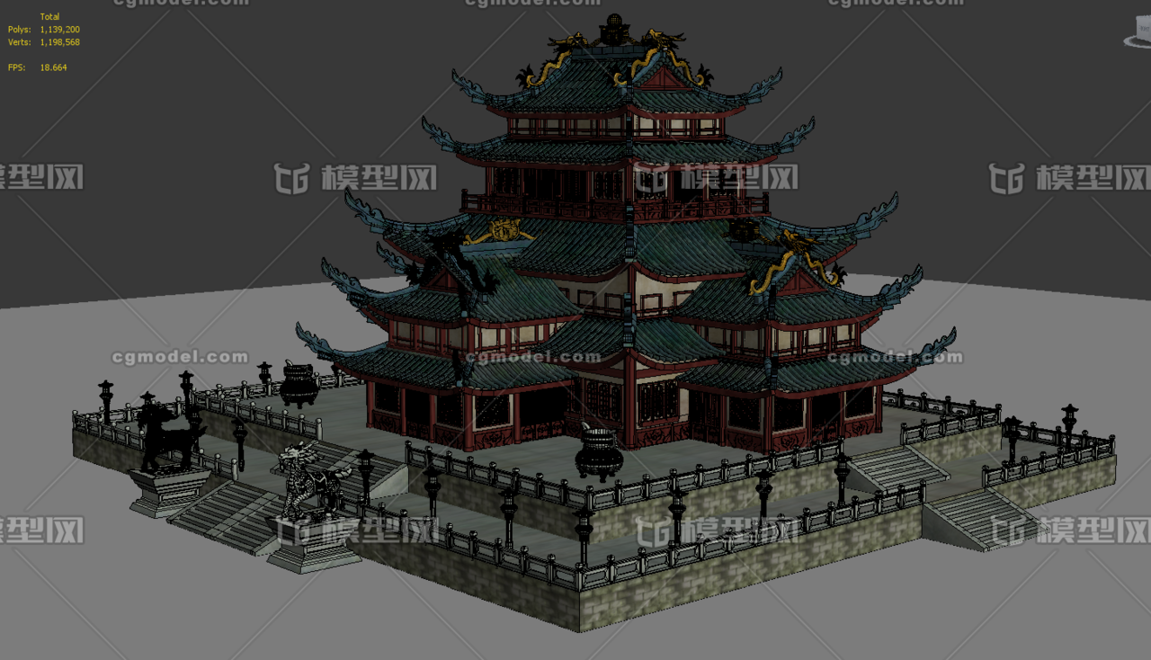 金龙道观主殿阁楼石鼎麒麟石兽古建筑 作者推荐模型