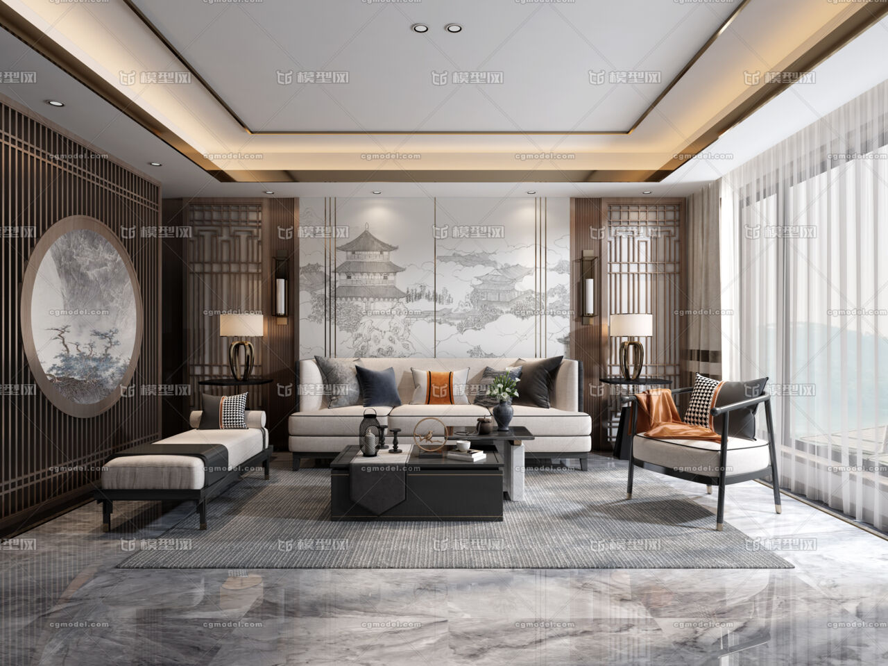 新中式客厅3D模型模型-客厅模型库-3ds Max(.max)模型下载-cg模型网