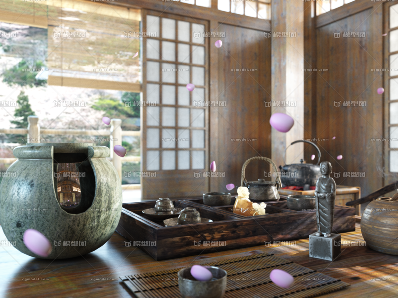 禅房 茶室 古建客厅 茶具 日式茶房 寺_328062051作品_场景古代场景