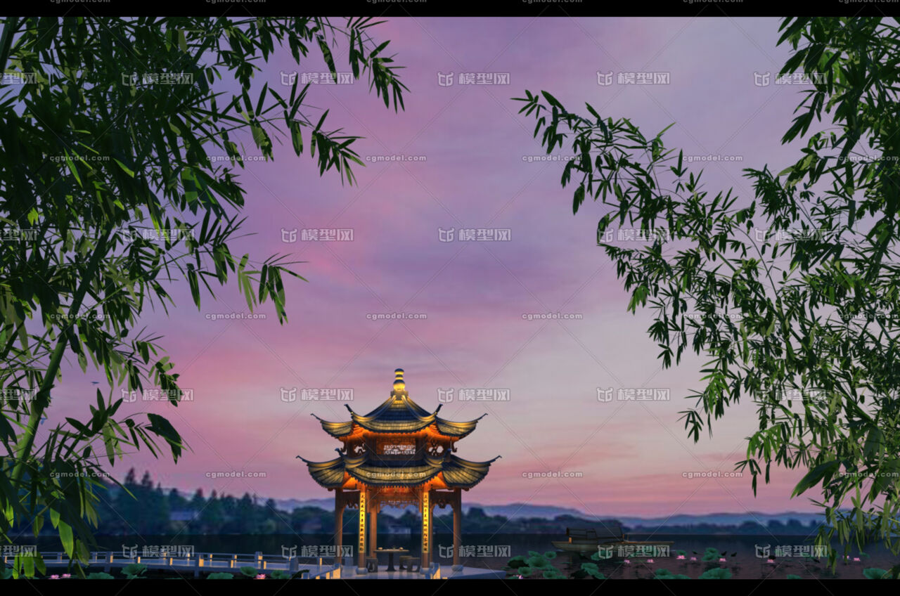 杭州西湖.集賢亭.古亭夜景場景_微笑的_黑色作品_場景現代場景_cg模型