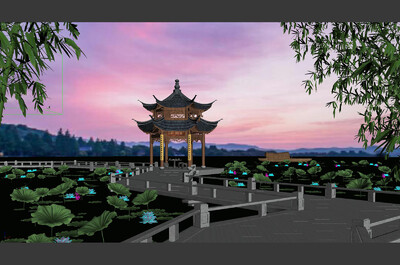 杭州西湖.集賢亭.古亭夜景場景_微笑的_黑色作品_場景現代場景_cg模型