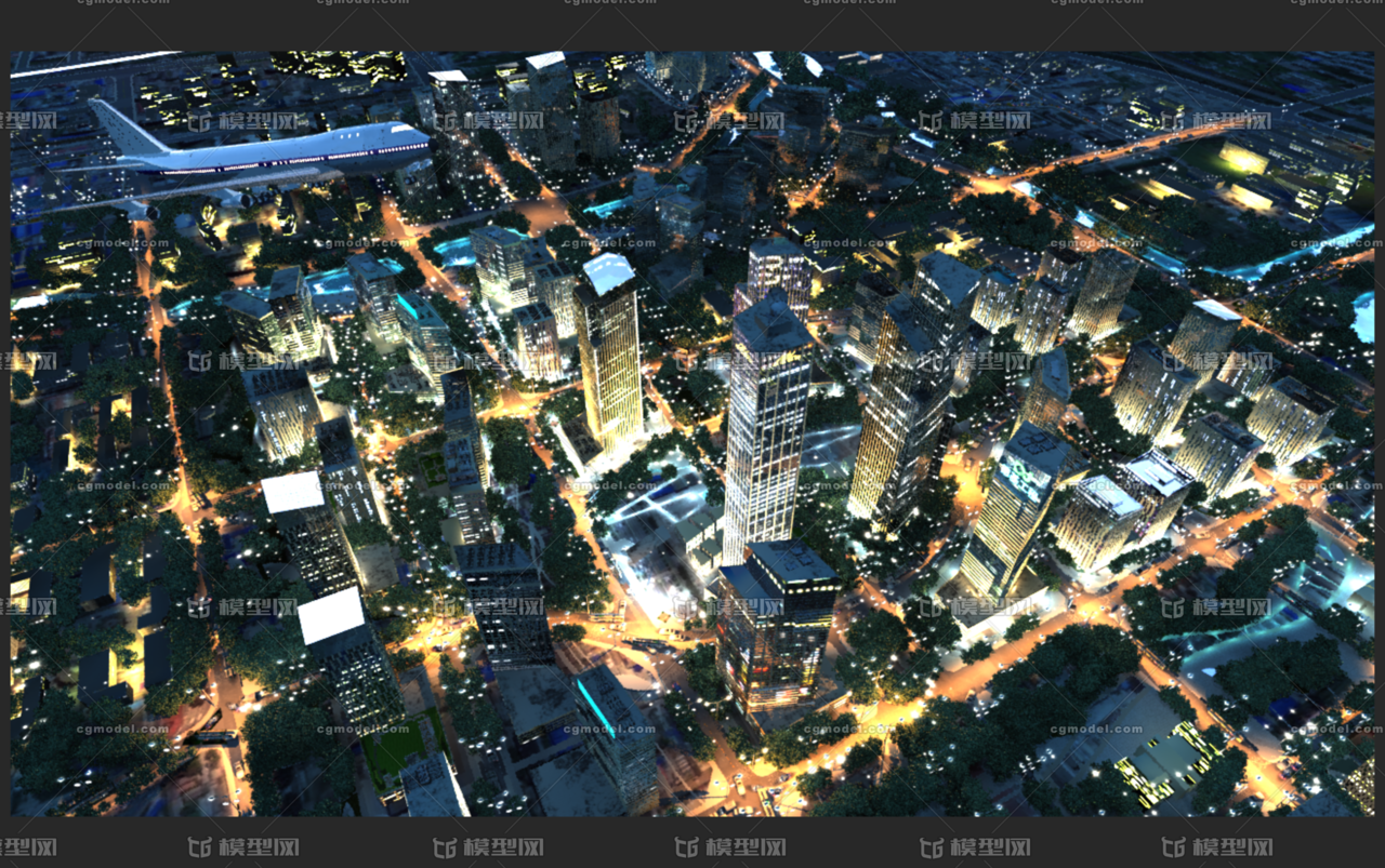 写实夜景城市建筑群,夜景鸟瞰,cbd,配_mayiduixiang235作品_场景现代