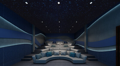 海洋主题电影院 展厅 蓝色 弧形沙发 复仇者联盟主题影院