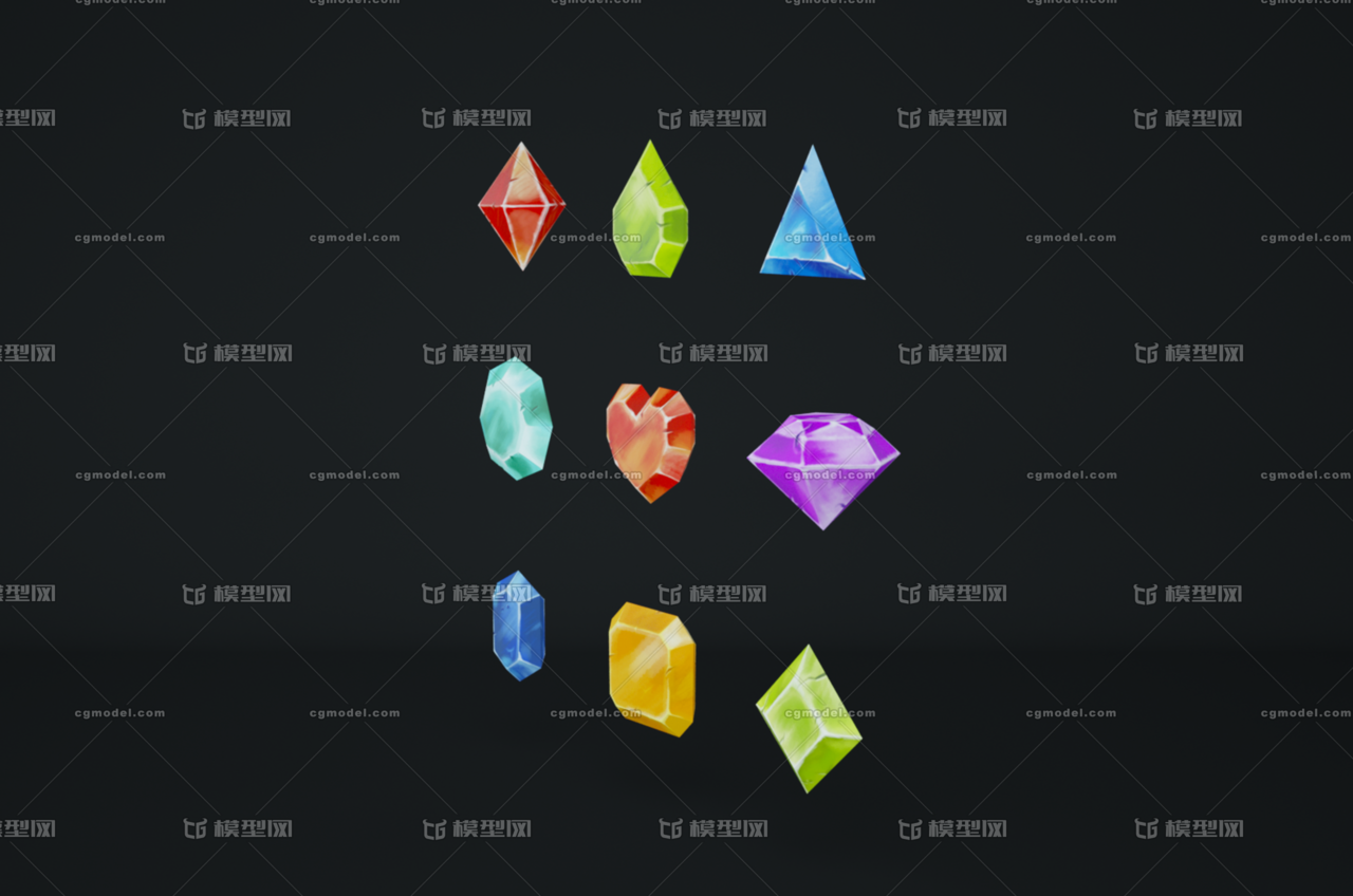 手绘宝石 游戏模型 游戏宝石 游戏道具 各种形状的宝石 心形宝石 钻石