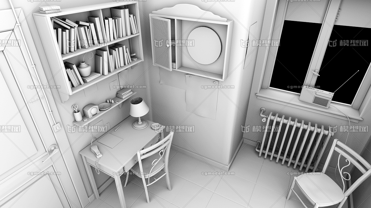 maya室内模型   写实室内一角 书房 书桌 台灯 书架  带建模参考图