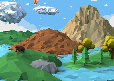 low poly山,低多边形模型 ,山体,lowpoly熊,山场景,lowpoly松树,白云