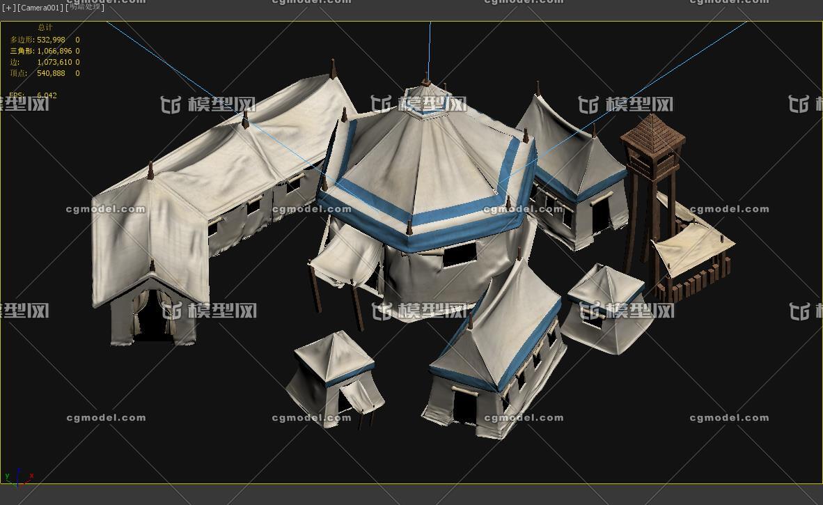 高精度的行军帐篷3d高模型,写实的古代兵营军