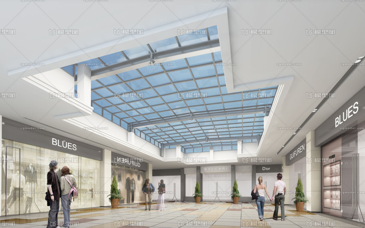原创3dmax 室内商业采光顶 穹顶 商业内街 采光顶室外建筑模型