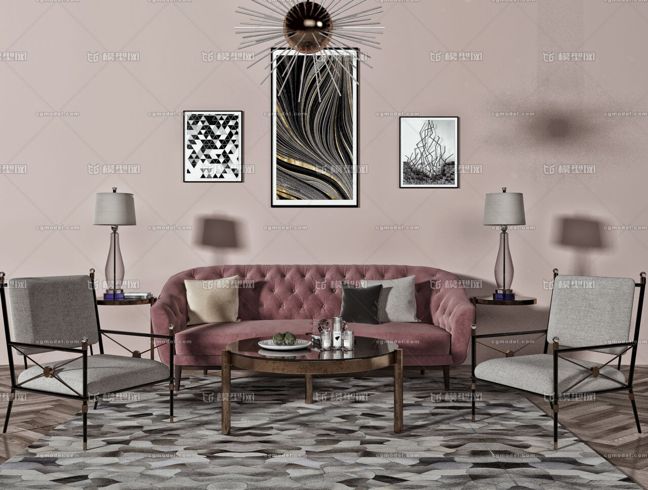 现代客厅 双人沙发 吊灯 台灯 挂画 茶几模型-客厅模型库-3ds Max(.max)模型下载-cg模型网
