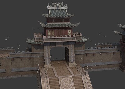 古代写实城墙,城门,围墙,破损的城墙,城门,护城河