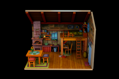 lowpoly卡通卧室 卧室场景 q版 可爱 低面 桌椅 相框 高低床 木屋内部