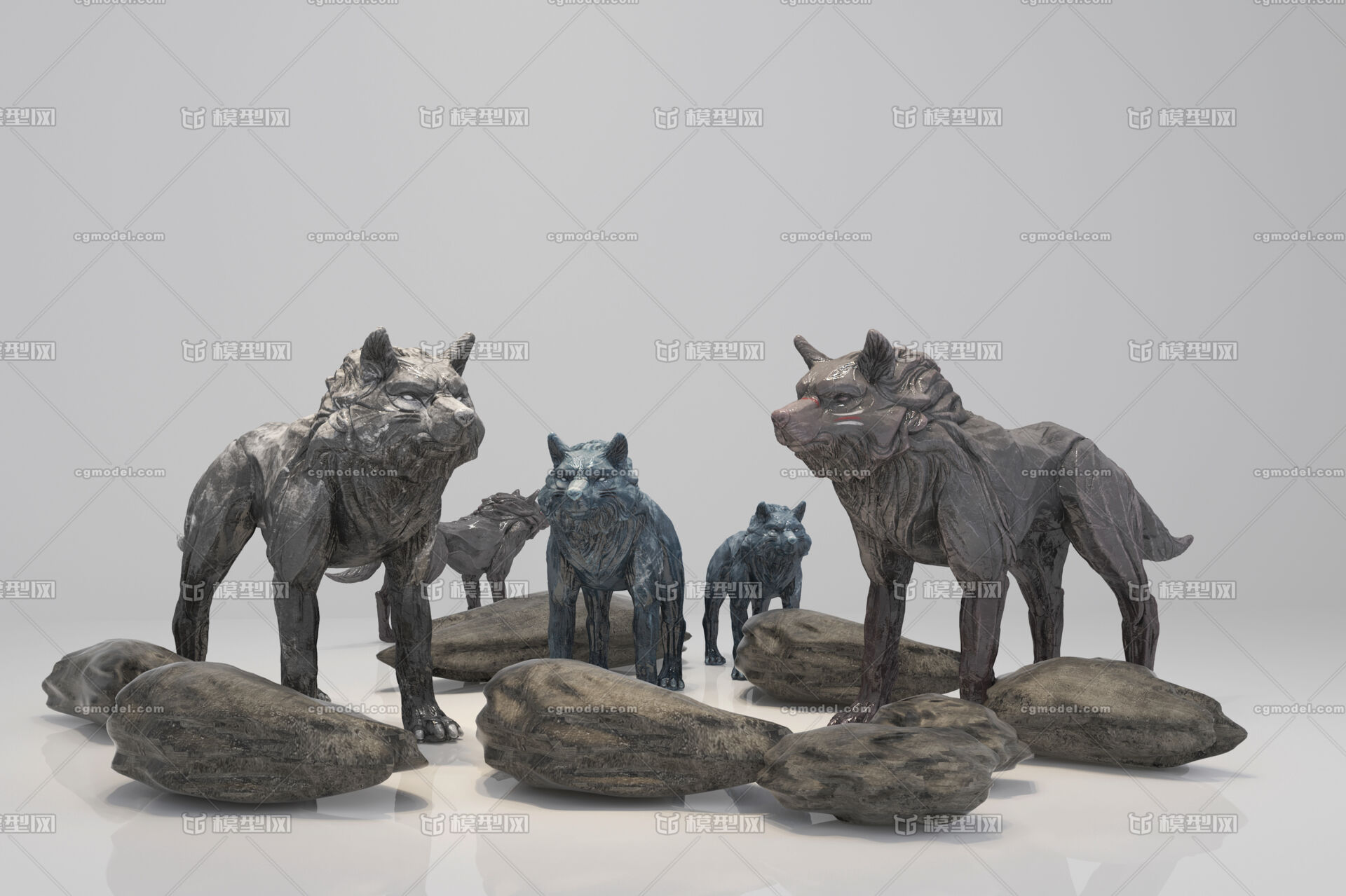 群狼雕塑摆件_天筑子时作品_动物哺乳_cg模型网