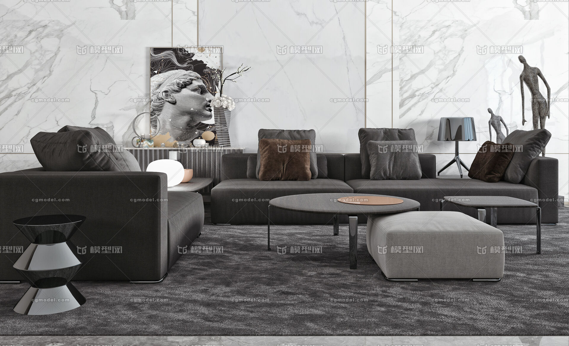 现代转角布艺沙发 圆凳 矮凳 黑白灰色调沙发 边柜 摆件 地毯