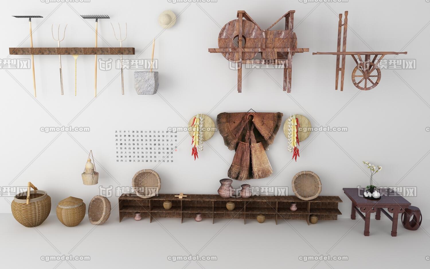 农具大集合 洁白空间 展示空间 旅游展厅 竹瓮 斗笠 扬谷机 茶桌 收纳
