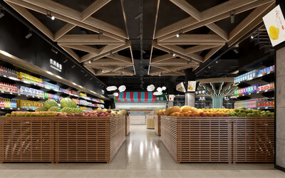 生鲜卖场 水果蔬菜店  百货货架 干货货架 熟食柜 生肉柜 收银台 吊顶