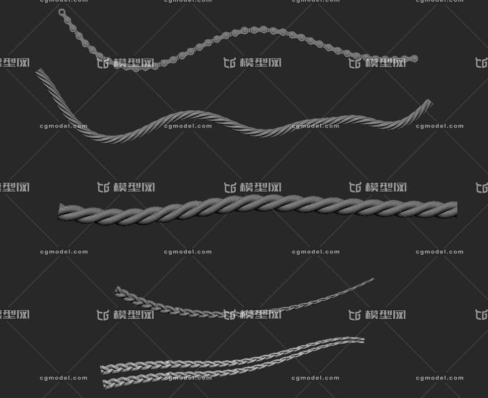 zb 高模 麻花绳 绳子 铁链 链条 绳索 麻花辫 辫子zbrush 模型送素材