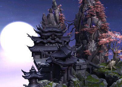 仙界月宫,山顶道观,仙居,仙侠建筑,蜘蛛网荷花池,香炉,悬石-古代场景