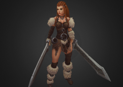 手绘 低模 双手大剑女武士 女亚瑟 皮甲野蛮女王