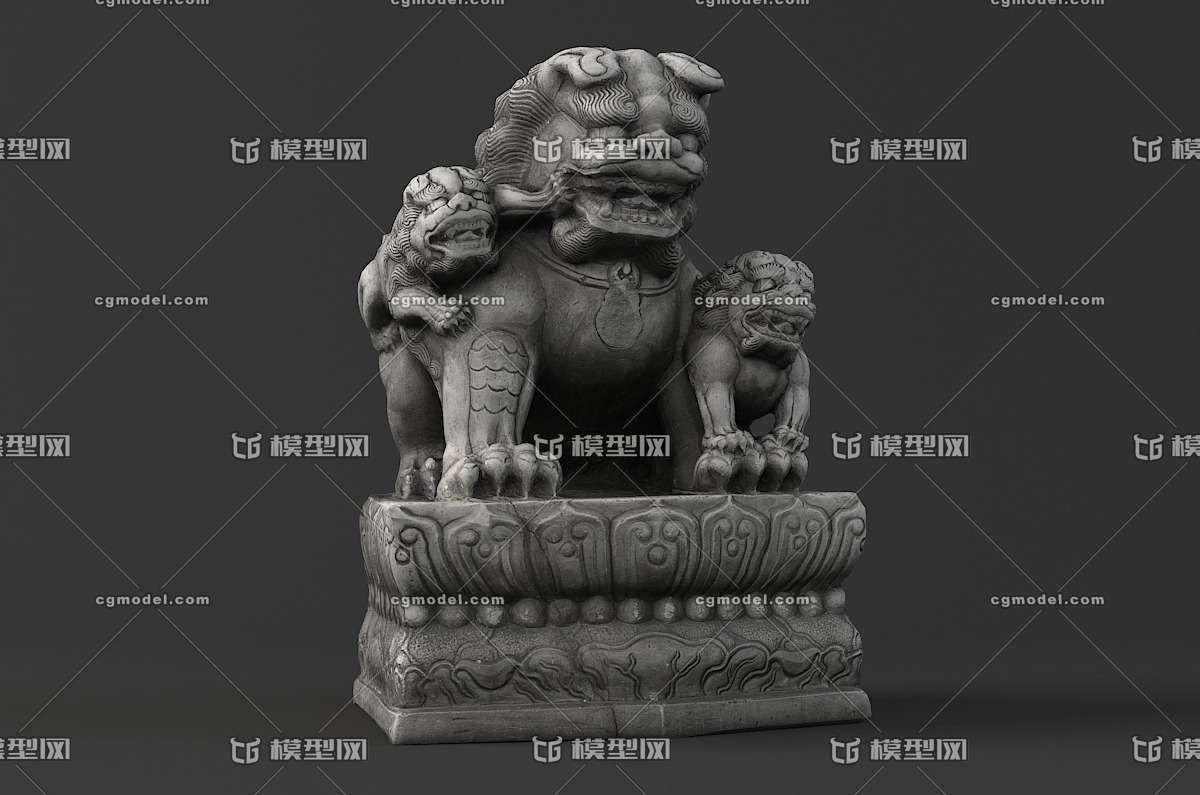 中式 子母石狮_panliming作品_雕塑/文物动物雕塑_cg模型网