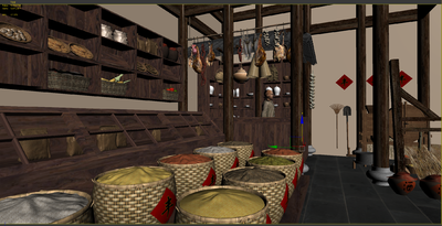 古代杂货铺 古代集市 古代古建 古建 杂货店 木桶 稻谷 粮食 酒桶