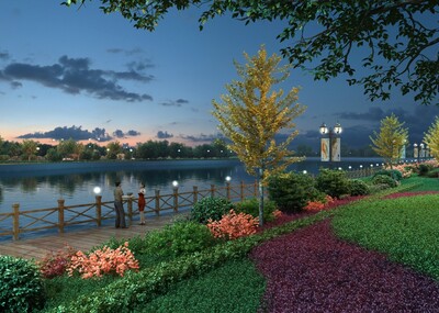 写实河边景观场景,水边,木栈道,植物,树,大树,挂角树,人,车,路灯,唯美